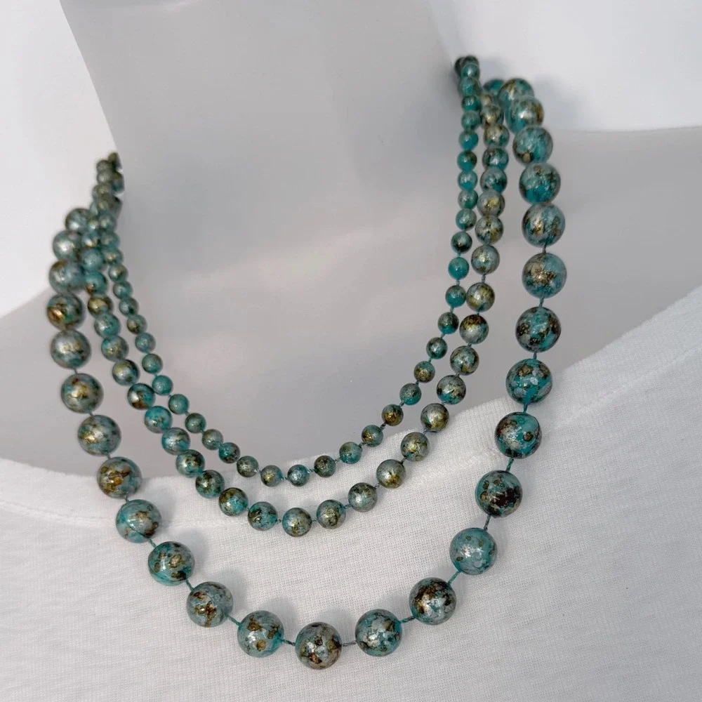 Teal Blue Gold Mottled Triple Strand Beaded Statement Necklace Graduated Layered